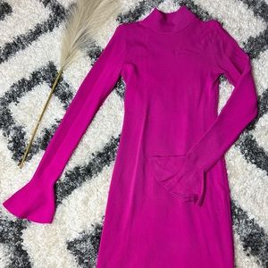 Michel Kors pink/fushia fitted midi dress with flare long sleeves small size